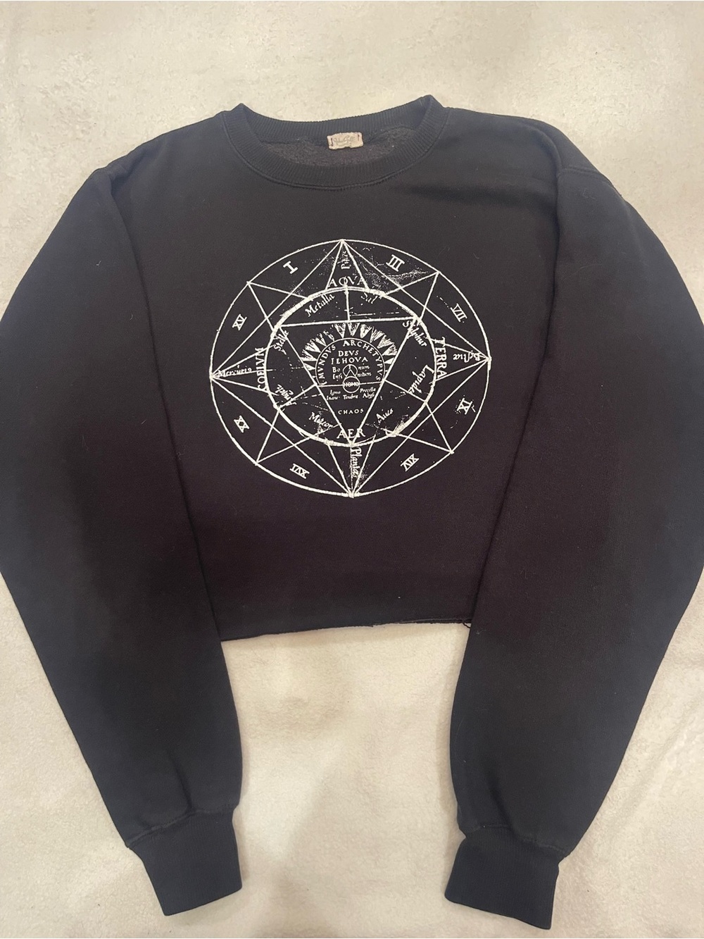 Brandy Melville J. Galt Black Cropped Crewneck with White Occult Graphic